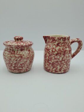 Friendship Pottery Rose Red Spongeware Creamer & Sugar Bowl with Lid